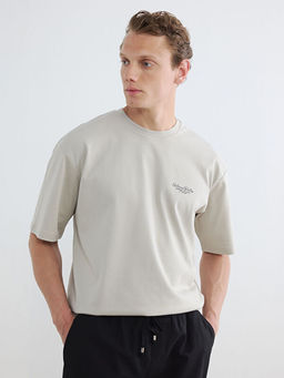 Loose Fit Bisiklet Yaka Bask?l? Erkek Ti??rt