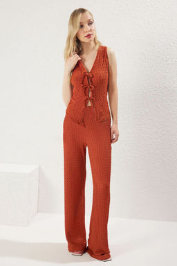 Kiremit Dokulu Wide Leg/Rahat Kesim Esnek Orme Pantolon TWOSS25PL00061