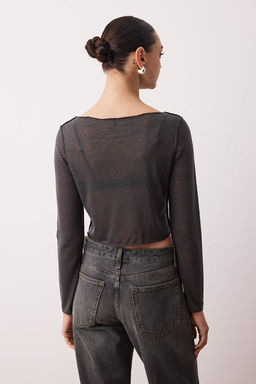 Antrasit Transaparan Nervurlu Regular/Normal Kal?p Crop Orme Bluz TWOAW26BZ00123