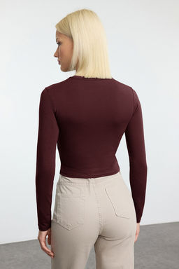 Bordo Slogan Bask?l? Vucuda Oturan Crop Esnek Orme Bluz TWOAW25BZ00148