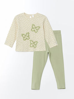 Bisiklet Yaka Kelebekli K?z ?ocuk Ti??rt ve Tayt 2li