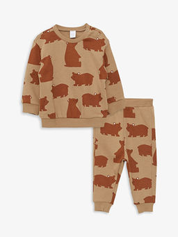 Bisiklet Yaka Uzun Kollu Bask?l? Pamuklu Erkek Bebek Sweatshirt ve Pantolon 2li Tak?m
