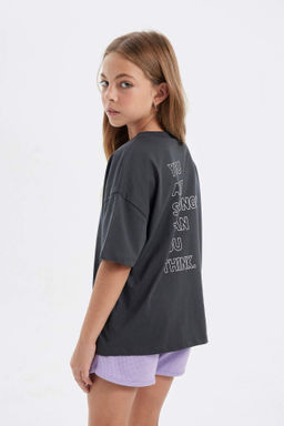 K?z Cocuk Oversize Genis Kal?p Bisiklet Yaka Bask?l? K?sa Kollu Tisort - Defacto фото 4