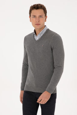 Erkek Slim Fit V Yaka Gri Melanj Basic Kazak - U.s. polo assn фото 3