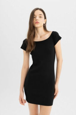 Coool Bodycon Vucuda Oturan Kay?k Yaka Basic Duz Fitilli Kaskorse K?sa Kollu Mini Elbise