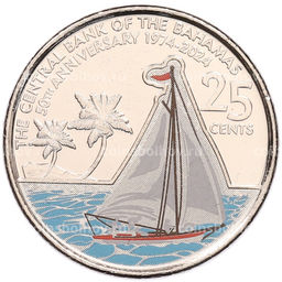 Монета 25 центов 2024 года Багамские острова 50 лет Центральному банку Багамских Островов