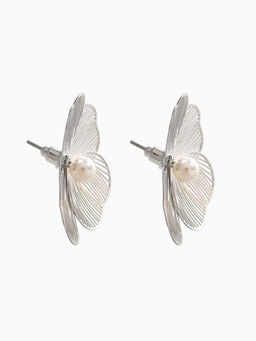 Серьги с жемчугом «Цветы» крупные, белые в серебре