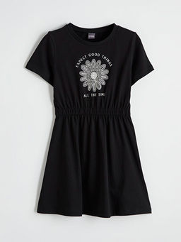 Bisiklet Yaka ?i?ek Bask?l? K?z ?ocuk Elbise