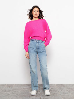 Bisiklet Yaka Pul Bask?l? Uzun Kollu Kad?n Triko Kazak