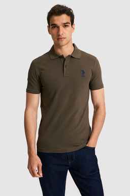Erkek Slim Fit Polo Yaka Koyu Haki Basic Ti__rt