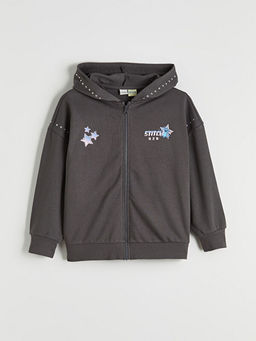 Kap??onlu Lilo ve Stitch Bask?l? K?z ?ocuk Fermuarl? Sweatshirt