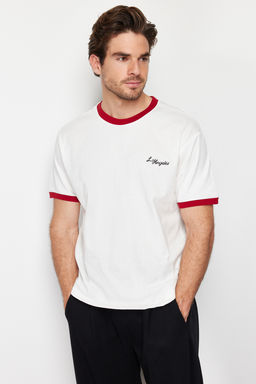 Ekru Oversize/Genis Kesim Bask?l? Renk Bloklu %100 Pamuklu T-Shirt TMNSS24TS00103