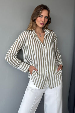 Haki Bej Cizgili Oversize Gomlek TWOAW26GO00093