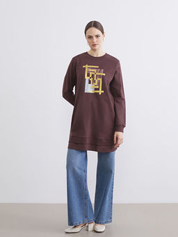 Bisiklet Yaka Bask?l? Kad?n Sweatshirt Tunik