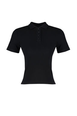 Siyah Polo Yaka Dugmeli K?sa Kol Esnek Fitilli Orme Bluz TWOSS24BZ00111