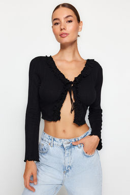 Trendyolmilla Siyah F?rf?r Detayl? Onden Baglamal? Fitilli Esnek Crop Orme Bluz TWOAW24BZ00109