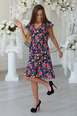 Платье женское из кулирки Люси красно-желтые цветы - Амадэль фото 12