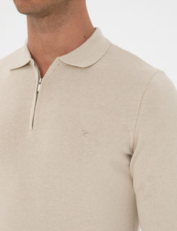 Krem Melanj Slim Fit Polo Yaka Fermuarl_ Basic Triko Kazak - Pierre cardin фото 7