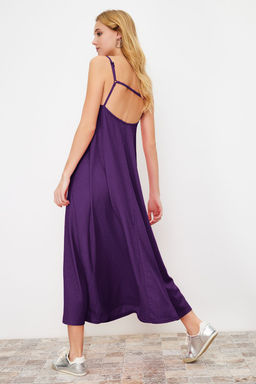 Mor Ayarlanabilir Ask?l? Kare Yaka A-Line Burumcuk/Dokulu Orme Maxi Elbise TWOSS24EL00060