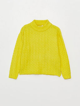 Yar?m Bal?k?? Yaka Kendinden Desenli Uzun Kollu K?z ?ocuk Triko Kazak