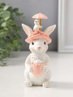 Фигурка полистоун Белая зайка в розовой цветочной шляпке с зонтиком и цыплятами, 14.5 см