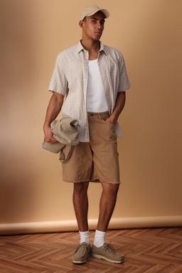 TRENDYOL MAN Bej Oversize Fit Dokulu Kabartmal? Kareli Yazl?k Gomlek TMNSS25GO00047
