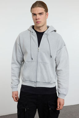 TRENDYOL MAN Gri Oversize/Genis Kesim Fermuarl? Crop/K?sa Kapusonlu Sweatshirt TMNAW25SW00171 - Trendyolmilla фото 2