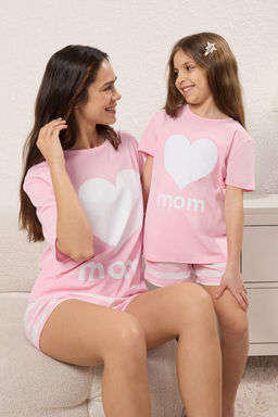 Pembe K?z Cocuk %100 Pamuk Mini Me/Anne-K?z T-Shirt Sort Orme Pijama Tak?m? TKDSS25PT00028