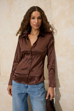 Kahverengi Hafif Bele Oturan Saten Vatkal? Gomlek TWOSS26GO00025 - Trendyolmilla фото 3