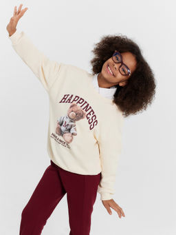 Свитшот для девочек кремовый с принтом Happiness