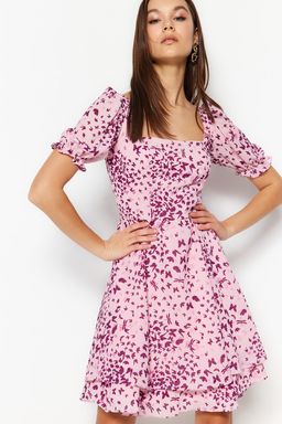 Pembe Desenli Belden Ac?lan Mini Astarl? Sifon Dokuma Elbise TWOSS23EL01171