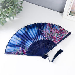 Веер складной h=21 см Цветы и бабочки, синий, с кисточкой