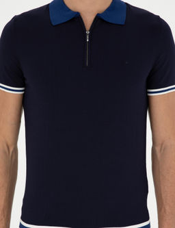 Lacivert Slim Fit Fermuarl_ Polo Yaka Triko T-shirt