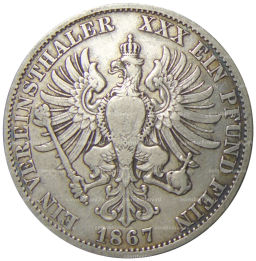 1 талер 1867 года А Германские государства  Пруссия