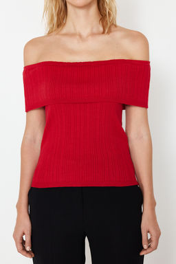 K?rm?z? Premium Iplik/Ozel Iplik Carmen Yaka Triko Ince Bluz TWOSS24BZ00511