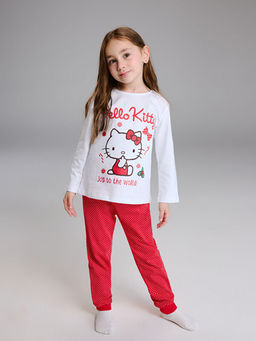 Bisiklet Yaka Hello Kitty Bask?l? K?z ?ocuk Pijama Tak?m?