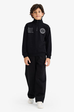 Yar_m Fermuarl_ Dik Yaka S_rt Bask_l_ Sweatshirt Erkek _ocuk - Defacto фото 2