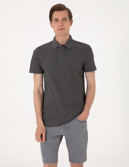 Gri Slim Fit %100 Pamuk K_vr_lmaz Amerikan Pike Polo Yaka Basic Ti__rt