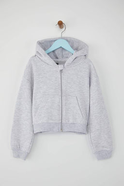 Gri Melanj Pamuklu Crop Fit Duz/Basic Kapusonlu Overize Orme K?z Cocuk H?rka TKDAW26HI00001 - Trendyolmilla фото 3
