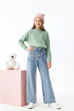 Ac?k Mavi K?z Cocuk 100% Pamuk Ayarlanabilir Lastikli K?z Cocuk Denim Jeans TKDAW26JE00007