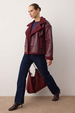 Bordo Pelus Detayl? Suni Deri Biker Ceket Mont TWOAW25MO00066 - Trendyolmilla фото 11
