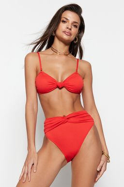 K?rm?z? Dugumlu Dokulu Yuksek Bel Normal Paca Bikini Alt? TBESS23BA00172