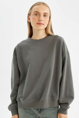 Coool Oversize Genis Kal?p Bisiklet Yaka Kal?n Basic Duz Sweatshirt