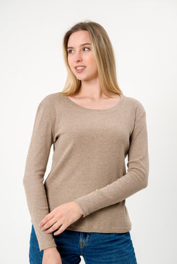 Лонгслив женский из кулирки с лайкрой бежевый меланж макси - Амадэль фото 3