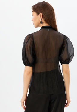 Блузка из органзы с бархатной завязкой и защипами OD-951-3 черный - Tantino фото 4