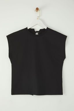 TRENDYOLMILLA Siyah %100 Pamuk Ay Kol Baglama Detayl? Bisiklet Yaka Orme T-Shirt TWOSS25TS00156  фото 5