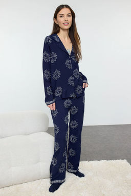Trendyolmilla Lacivert Gunes Desenli Viskon Dokuma Pijama Tak?m? THMAW25PT00034  фото 7