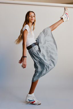 FALDA MIDI PANELES 100% RAMIO / Azul / Gris