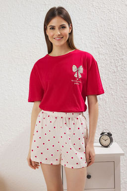 Trendyolmilla K?rm?z? %100 Pamuklu Kurdele/Fiyonklu Kalpli Sortlu Orme Pijama Tak?m? THMSS25PT00395