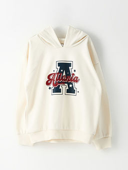 Kap??onlu Bask?l? Uzun Kollu K?z ?ocuk Sweatshirt